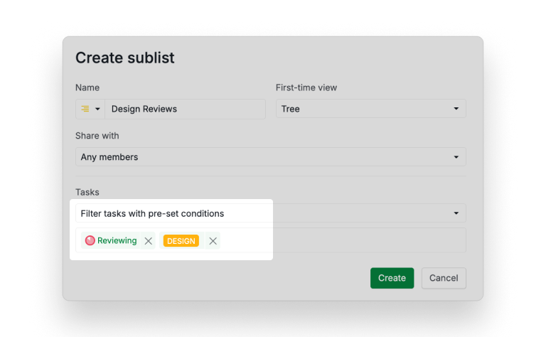 Sublist configuration panel for Design Reviews showing filter conditions and permission settings