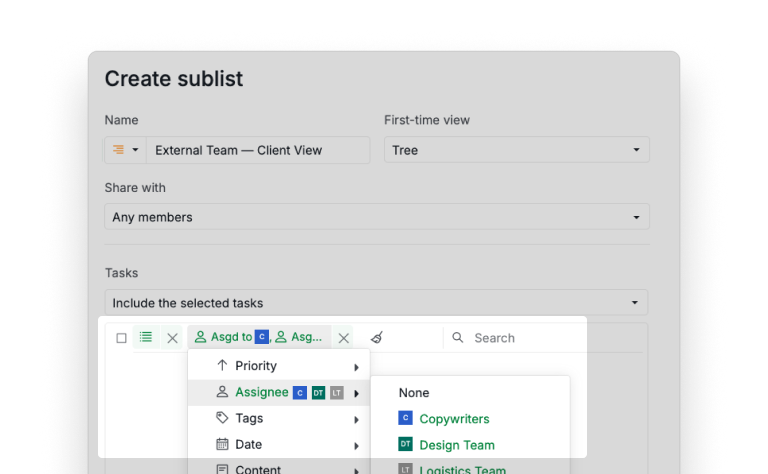 Sublist permission configuration interface showing External Team access level and visibility options