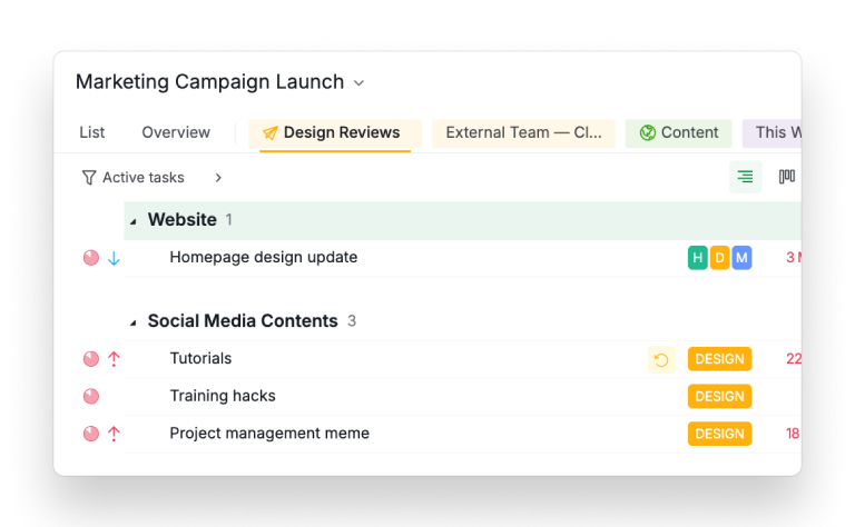 Quire project master list for marketing campaign showing sections for website, blog, social media, and translations