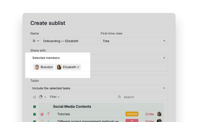 Onboarding Sublist configuration showing per-hire task setup with permissions for new employee, manager, and buddy