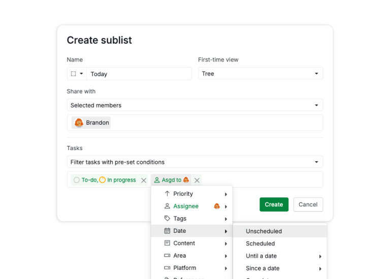 Personal 'Today' Sublist showing filter conditions for overdue and due-today tasks assigned to user