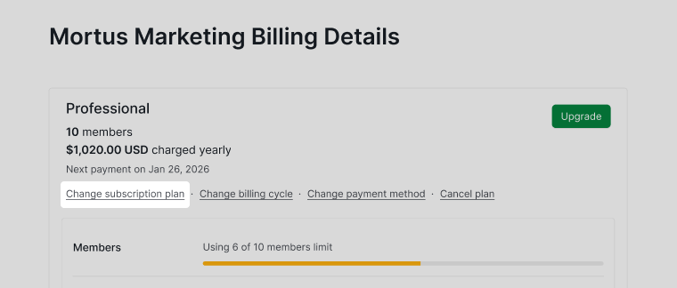 change subscription plan in billing details page