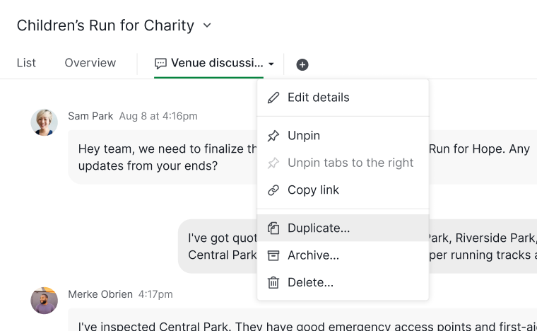 duplicating a chat channel settings