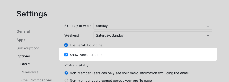 show or hide week numbers in Account Settings