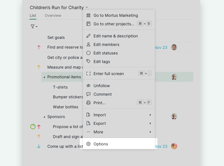 project settings options in dropdown menu