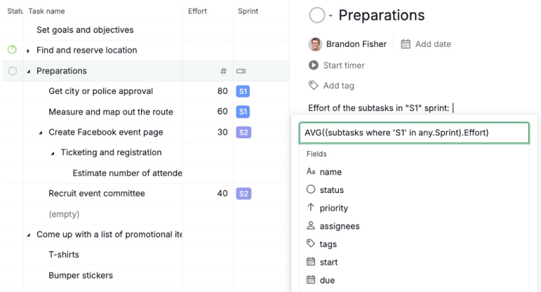 track effort score of subtasks formula example