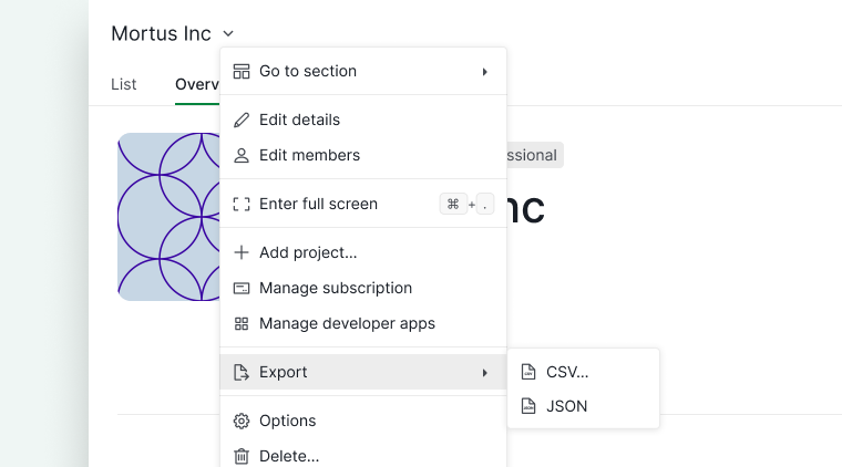 export entire organization to CSV or JSON file