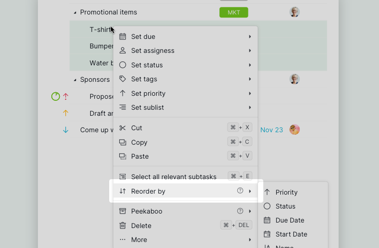 reorder within a selected range