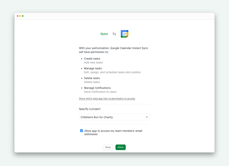 Google Calendar Two-Way Sync with Quire and setting permission