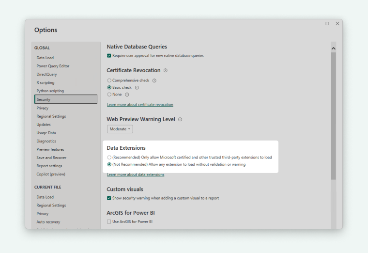 data extensions section in Power BI app