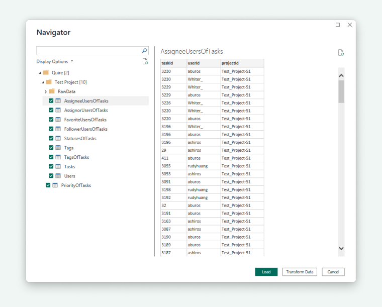 data tables in Power BI app