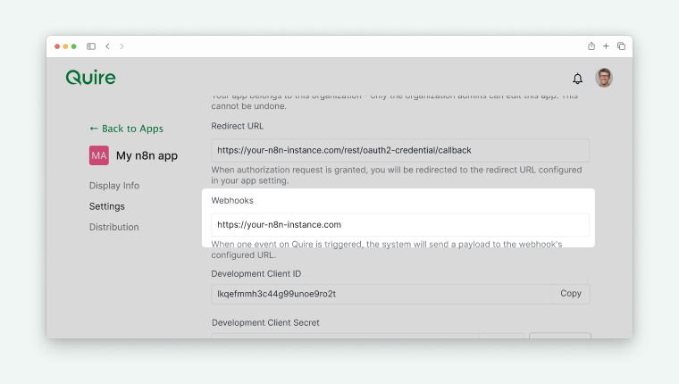 webhooks section in Quire app