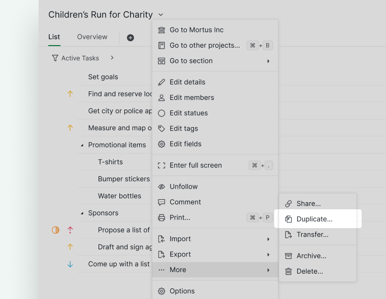 duplicate project context menu