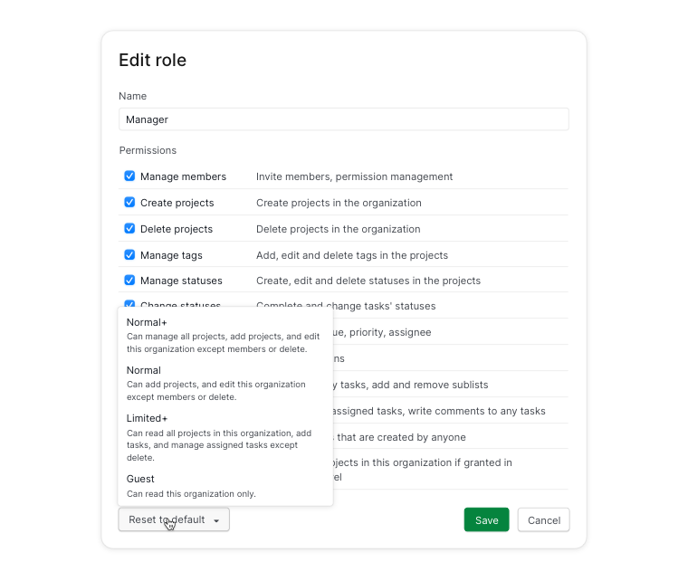 reset customize permission role to default