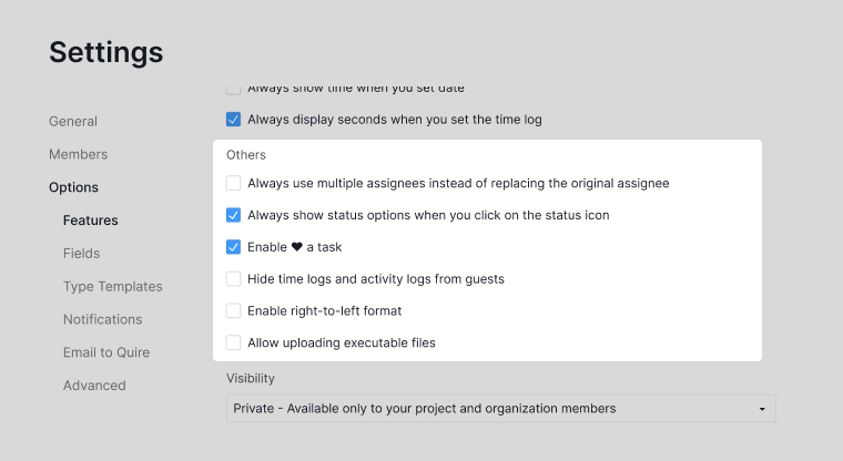 other setting options for project