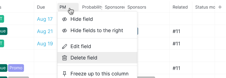 delete field in table view