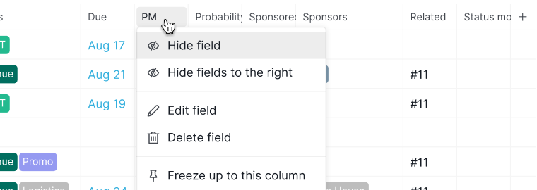 hide fields in table view