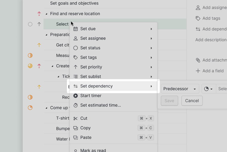 add task dependency in context menu