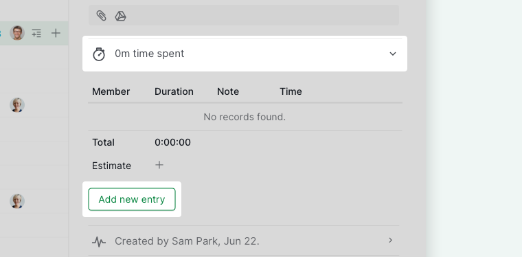 time tracking section in detail panel