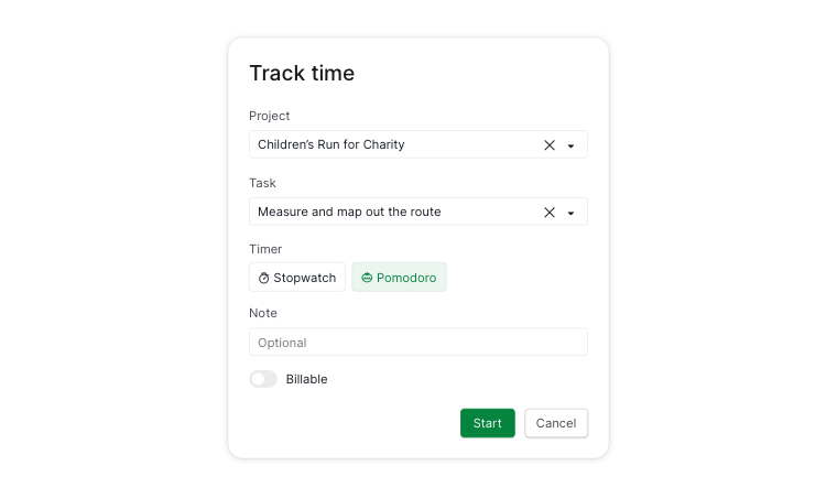 pomodoro track time popup window