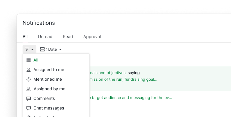 The filter dropdown menu in the new notification page