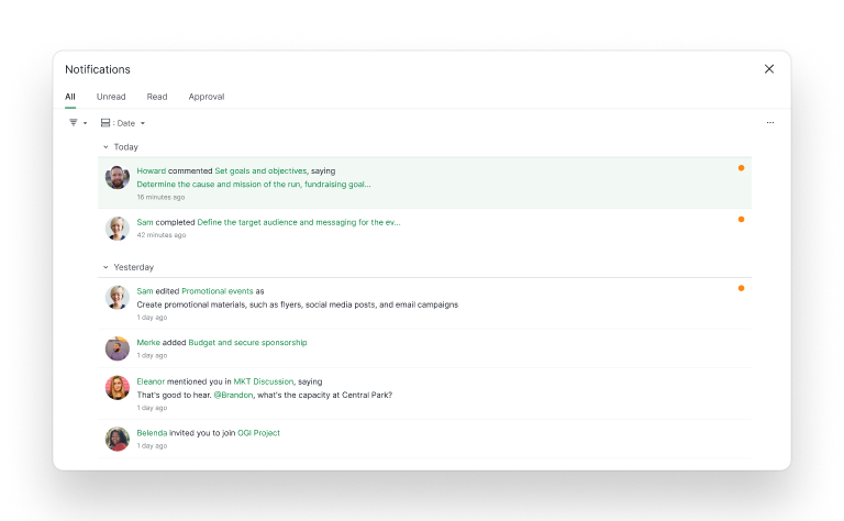 Full-width notification page interface showing filter options and notification list