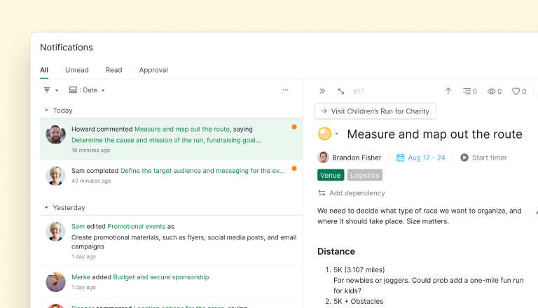 Quire's redesigned notification inbox with full-width layout, filter menu, and grouping options