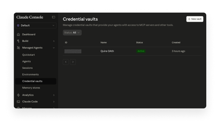 Credential vault configured with the Quire MCP OAuth credential active