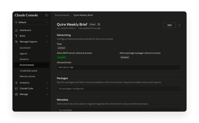 Environment networking config showing Limited type with mcp.quire.app added to the allowed hosts list