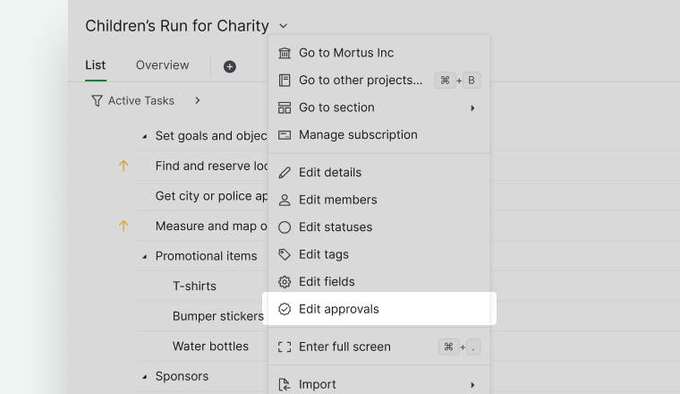 Option Modifier les approbations dans le menu déroulant du projet