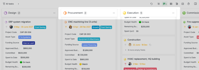 capital projects on a quire board grouped by lifecycle status, from approved through design, procurement and execution
