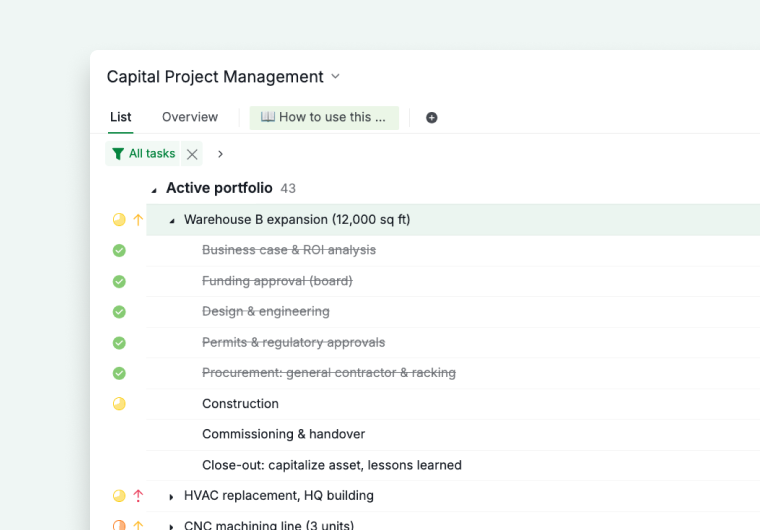 the warehouse expansion project expanded to show its eight lifecycle phase subtasks