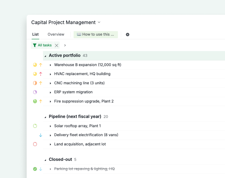 the three sections of the capital project management template with nine sample projects in list view