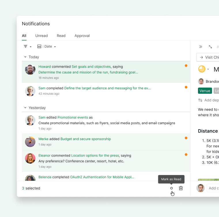 Selecionar várias notificações no painel expandido do Quire e usar a barra de menu inferior