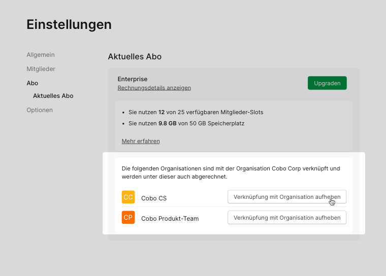 Free-Organisationen aus den Master-Organisations-Einstellungen trennen