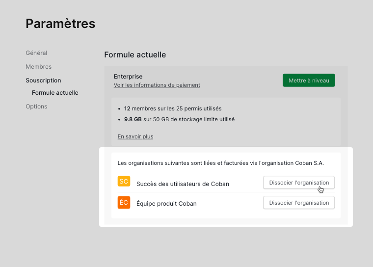 délier des organisations gratuites depuis les paramètres de l'organisation principale