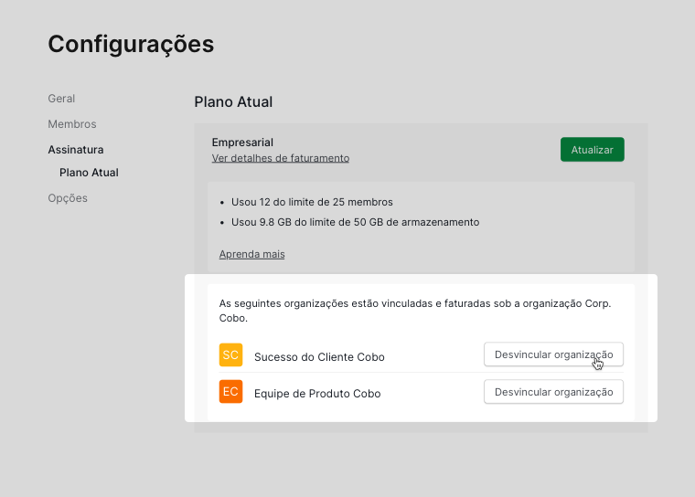 desvincular organizações Free das configurações da organização principal