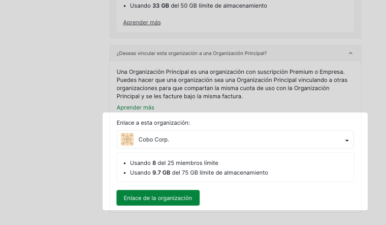 menú desplegable expandido que muestra las organizaciones principales disponibles