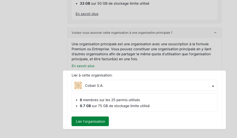 menu déroulant développé affichant les organisations principales disponibles
