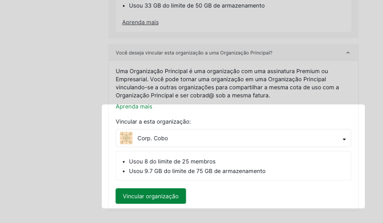 menu suspenso expandido mostrando as organizações principais disponíveis