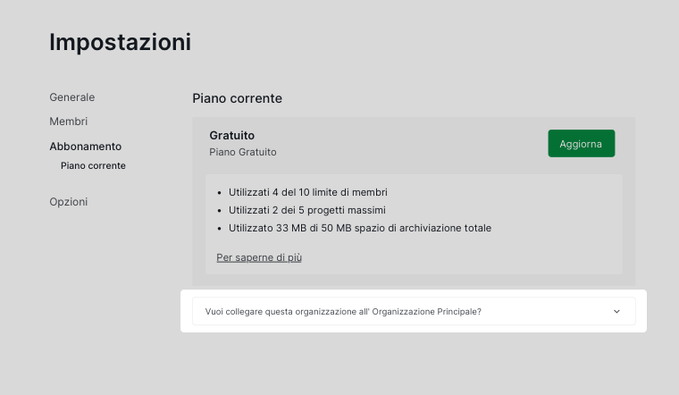 opzione a discesa per collegare un'organizzazione Free a un'Organizzazione principale