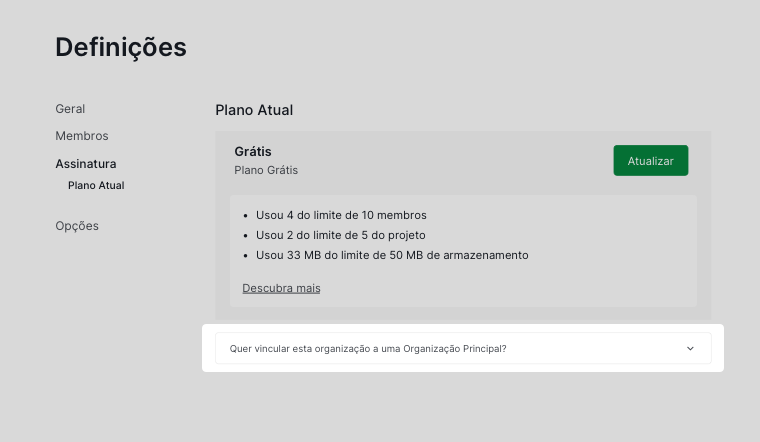 opção de menu pendente para ligar uma organização free a uma organização principal