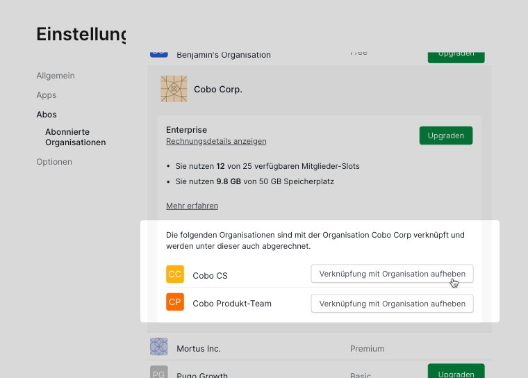 Schaltfläche zum Trennen von Free-Organisationen unter der Master-Organisation