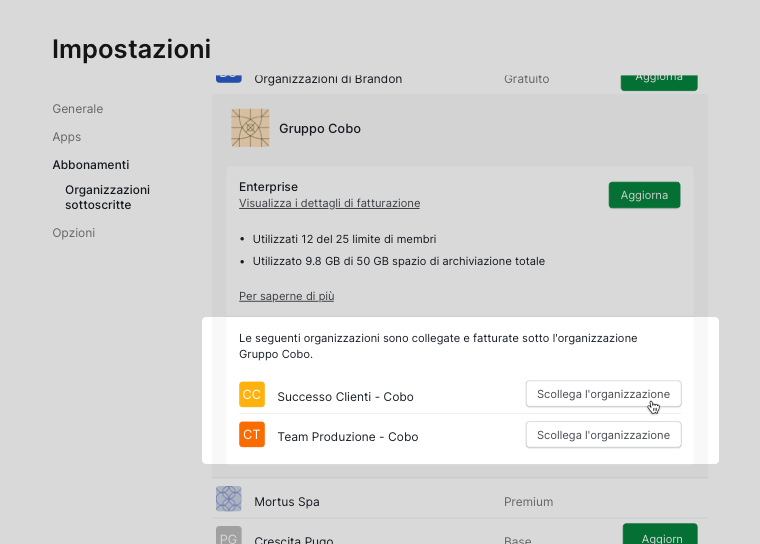 pulsante di scollegamento per le organizzazioni Free sotto l'Organizzazione principale