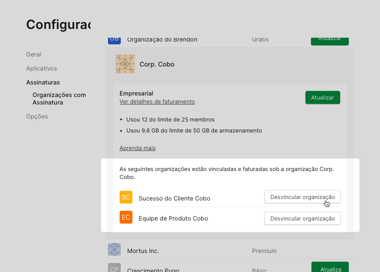 botão de desvincular para organizações Free sob a organização principal