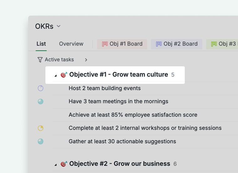 objectives as sections in the main list