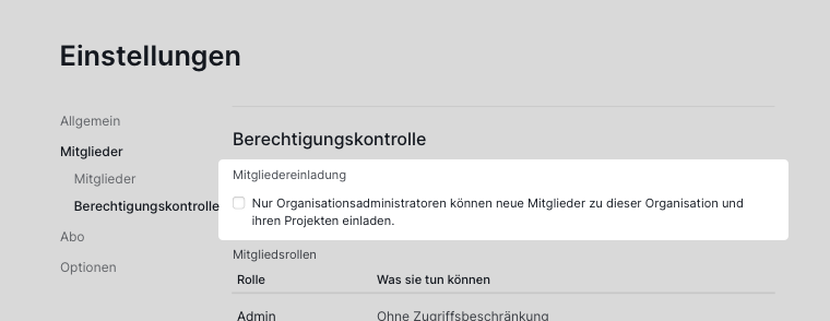Einstellungen für Mitglieder-Einladungsberechtigungen in Quire