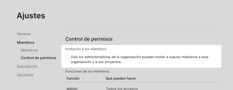 Configuración de permisos de invitación de miembros de la organización en Quire