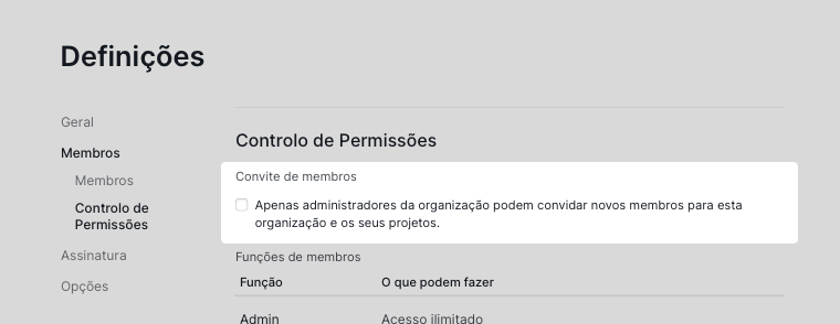 Definições de permissão de convite de membros da organização no Quire