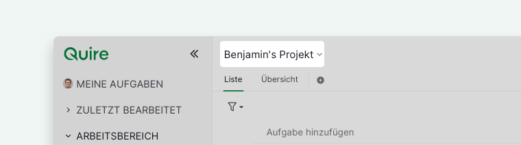 Quire-Hauptbereich mit dem angezeigten Projektnamen